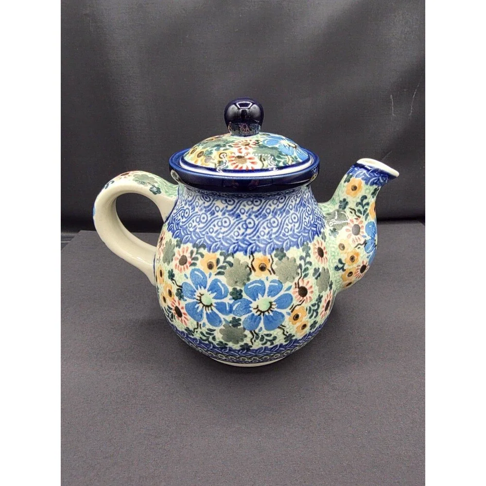 Bolesławiec Hand Painted Stoneware Teapot Floral Unikat Polish Pottery 2198